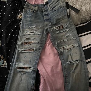 AMIRI CLAY &INDIGO LEOPARD DISTRESSED THRASHER JEANS